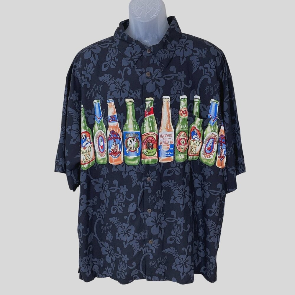 Authentic Big Dogs VTG Hawaiian Style Dog Theme Beer Bottles Camp Shirt 2X